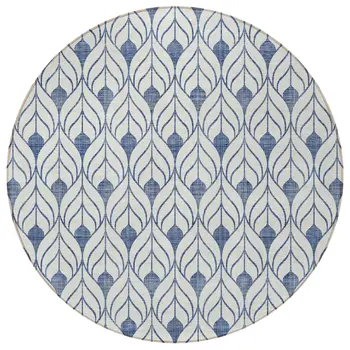 8' Blue And Ivory Round Geometric Washable Indoor Outdoor Area Rug