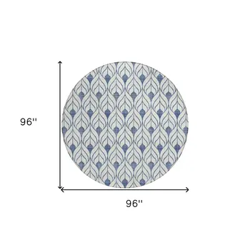 8' Blue And Ivory Round Geometric Washable Indoor Outdoor Area Rug