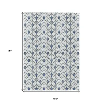 9' X 12' Blue And Ivory Geometric Washable Indoor Outdoor Area Rug