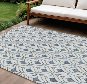 9' X 12' Blue And Ivory Geometric Washable Indoor Outdoor Area Rug