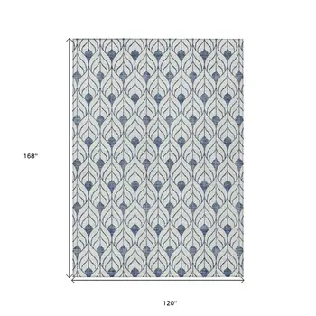 10' X 14' Blue And Ivory Geometric Washable Indoor Outdoor Area Rug