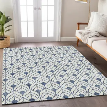 10' X 14' Blue And Ivory Geometric Washable Indoor Outdoor Area Rug