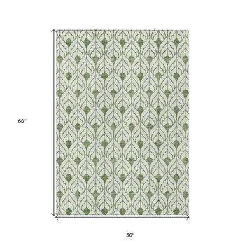 3' X 5' Green And Ivory Geometric Washable Indoor Outdoor Area Rug