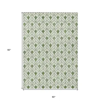 5' X 8' Green And Ivory Geometric Washable Indoor Outdoor Area Rug