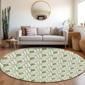 8' Green And Ivory Round Geometric Washable Indoor Outdoor Area Rug