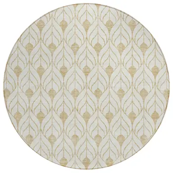 8' Gold And Beige Round Geometric Washable Indoor Outdoor Area Rug