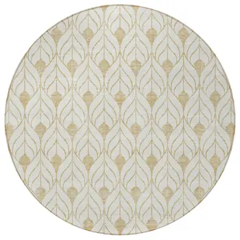 8' Gold And Beige Round Geometric Washable Indoor Outdoor Area Rug
