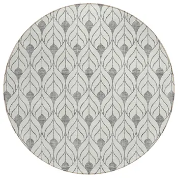 8' Gray And Ivory Round Geometric Washable Indoor Outdoor Area Rug