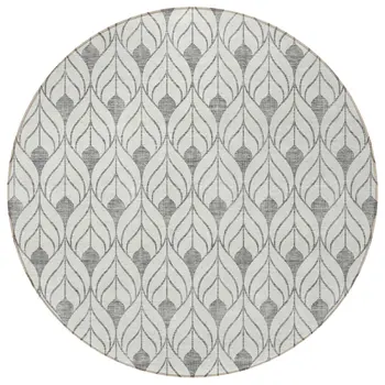 8' Gray And Ivory Round Geometric Washable Indoor Outdoor Area Rug