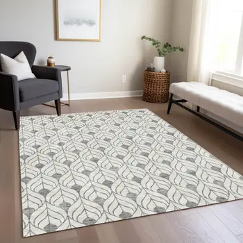 8' X 10' Gray And Ivory Geometric Washable Indoor Outdoor Area Rug