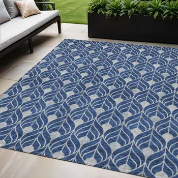 5' X 8' Navy Blue And Ivory Geometric Washable Indoor Outdoor Area Rug