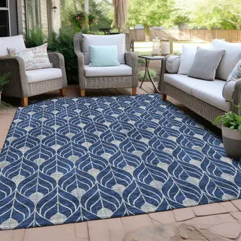 9' X 12' Navy Blue And Ivory Geometric Washable Indoor Outdoor Area Rug