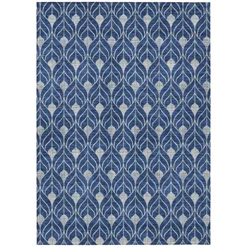 9' X 12' Navy Blue And Ivory Geometric Washable Indoor Outdoor Area Rug