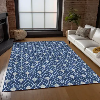 9' X 12' Navy Blue And Ivory Geometric Washable Indoor Outdoor Area Rug