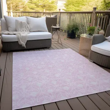 5' X 8' Pink And Ivory Geometric Washable Indoor Outdoor Area Rug