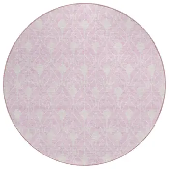8' Pink And Ivory Round Geometric Washable Indoor Outdoor Area Rug