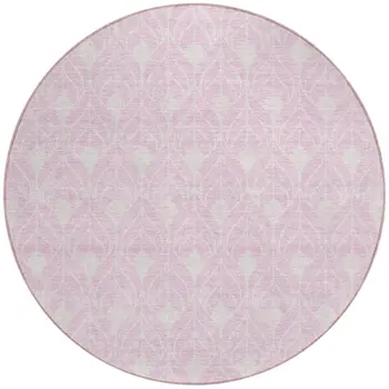 8' Pink And Ivory Round Geometric Washable Indoor Outdoor Area Rug