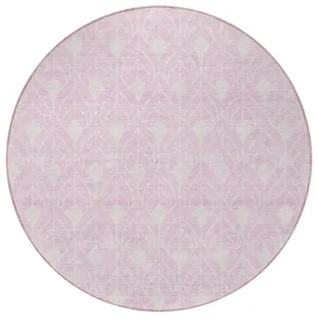 8' Pink And Ivory Round Geometric Washable Indoor Outdoor Area Rug