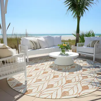 8' Salmon And Beige Round Geometric Washable Indoor Outdoor Area Rug