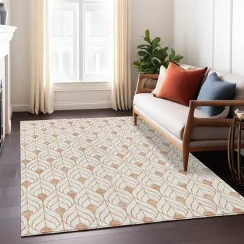 10' X 14' Salmon And Beige Geometric Washable Indoor Outdoor Area Rug