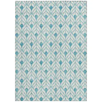 9' X 12' Teal Blue And Ivory Geometric Washable Indoor Outdoor Area Rug