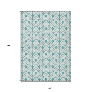 9' X 12' Teal Blue And Ivory Geometric Washable Indoor Outdoor Area Rug