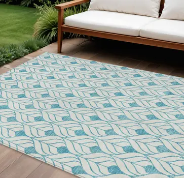 9' X 12' Teal Blue And Ivory Geometric Washable Indoor Outdoor Area Rug