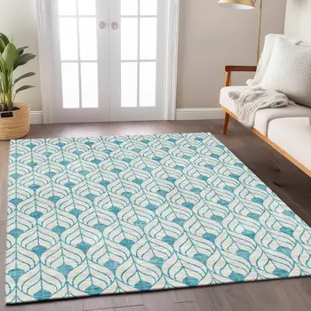 9' X 12' Teal Blue And Ivory Geometric Washable Indoor Outdoor Area Rug