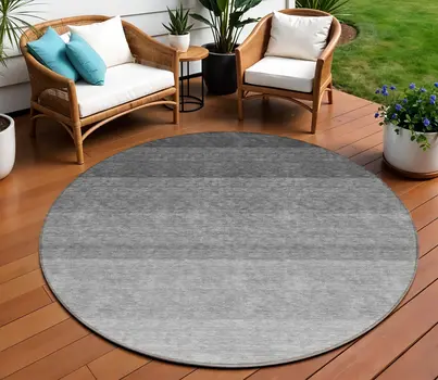 8' Black And Ivory Round Ombre Washable Indoor Outdoor Area Rug