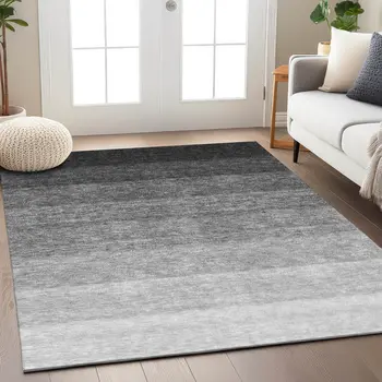 10' X 14' Black And Ivory Ombre Washable Indoor Outdoor Area Rug