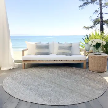 8' Brown And Ivory Round Ombre Washable Indoor Outdoor Area Rug