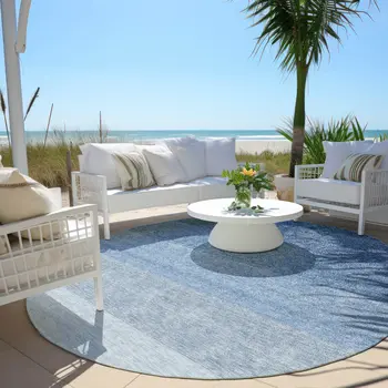 8' Blue And Gray Round Ombre Washable Indoor Outdoor Area Rug