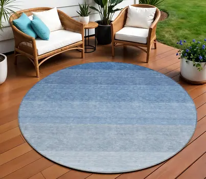 8' Blue And Gray Round Ombre Washable Indoor Outdoor Area Rug