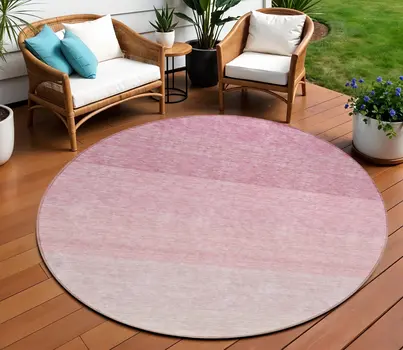 8' Pink And Ivory Round Ombre Washable Indoor Outdoor Area Rug