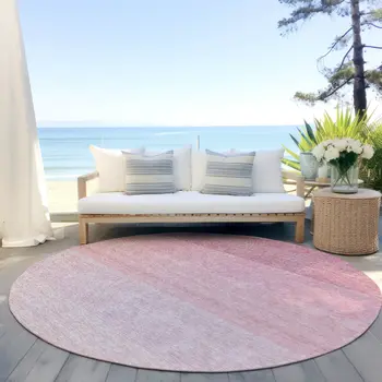 8' Pink And Ivory Round Ombre Washable Indoor Outdoor Area Rug