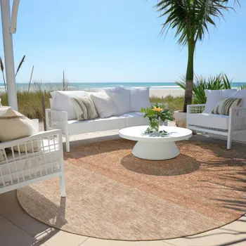 8' Copper And Beige Round Ombre Washable Indoor Outdoor Area Rug