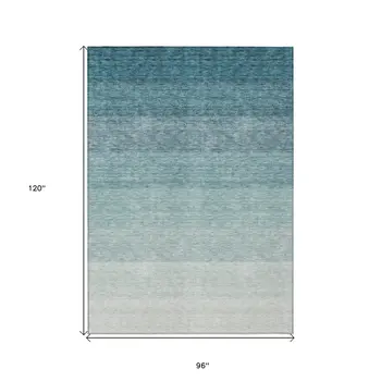 8' X 10' Teal Blue And Ivory Ombre Washable Indoor Outdoor Area Rug