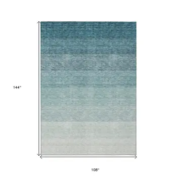9' X 12' Teal Blue And Ivory Ombre Washable Indoor Outdoor Area Rug