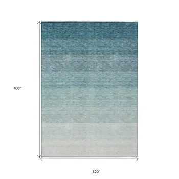 10' X 14' Teal Blue And Ivory Ombre Washable Indoor Outdoor Area Rug