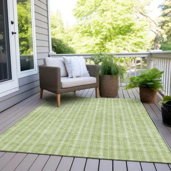 3' X 5' Artichoke Green And Ivory Striped Washable Indoor Outdoor Area Rug