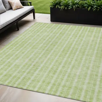 5' X 8' Artichoke Green And Ivory Striped Washable Indoor Outdoor Area Rug