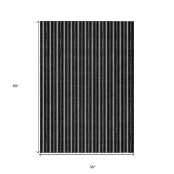 3' X 5' Black And Ivory Striped Washable Indoor Outdoor Area Rug