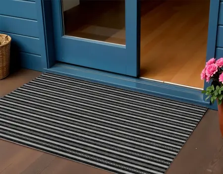 3' X 5' Black And Ivory Striped Washable Indoor Outdoor Area Rug
