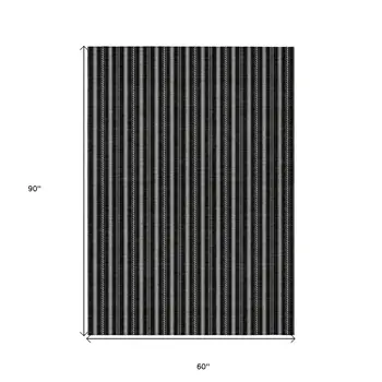 5' X 8' Black And Ivory Striped Washable Indoor Outdoor Area Rug