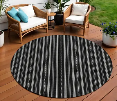 8' Black And Ivory Round Striped Washable Indoor Outdoor Area Rug