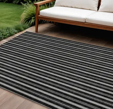 8' X 10' Black And Ivory Striped Washable Indoor Outdoor Area Rug