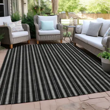 8' X 10' Black And Ivory Striped Washable Indoor Outdoor Area Rug
