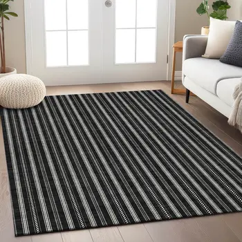 8' X 10' Black And Ivory Striped Washable Indoor Outdoor Area Rug