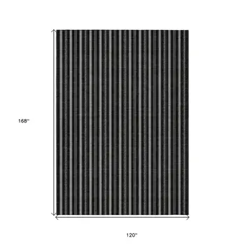10' X 14' Black And Ivory Striped Washable Indoor Outdoor Area Rug