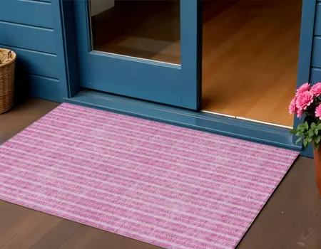 3' X 5' Blush And Ivory Striped Washable Indoor Outdoor Area Rug